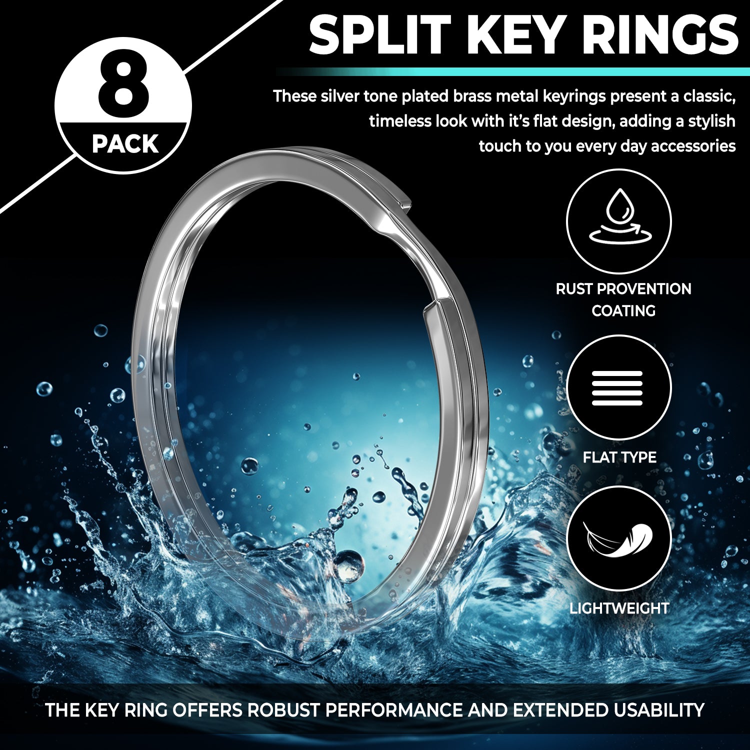 EDO GOT Non-Magnetic Silver Plated Brass Split Key Rings (8-Pack, Assorted Sizes)