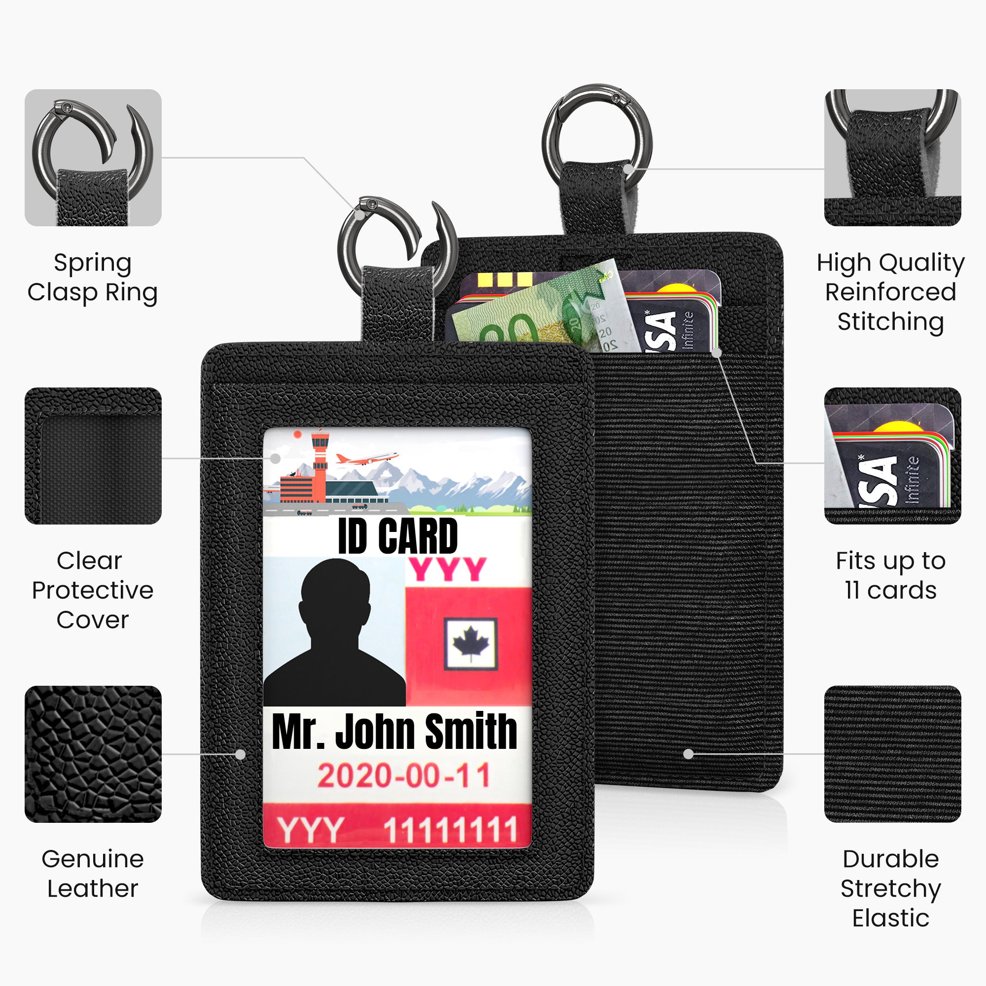 Neodymium Quick-Attach Genuine Leather ID Badge Holder with Lanyard and Carabiner