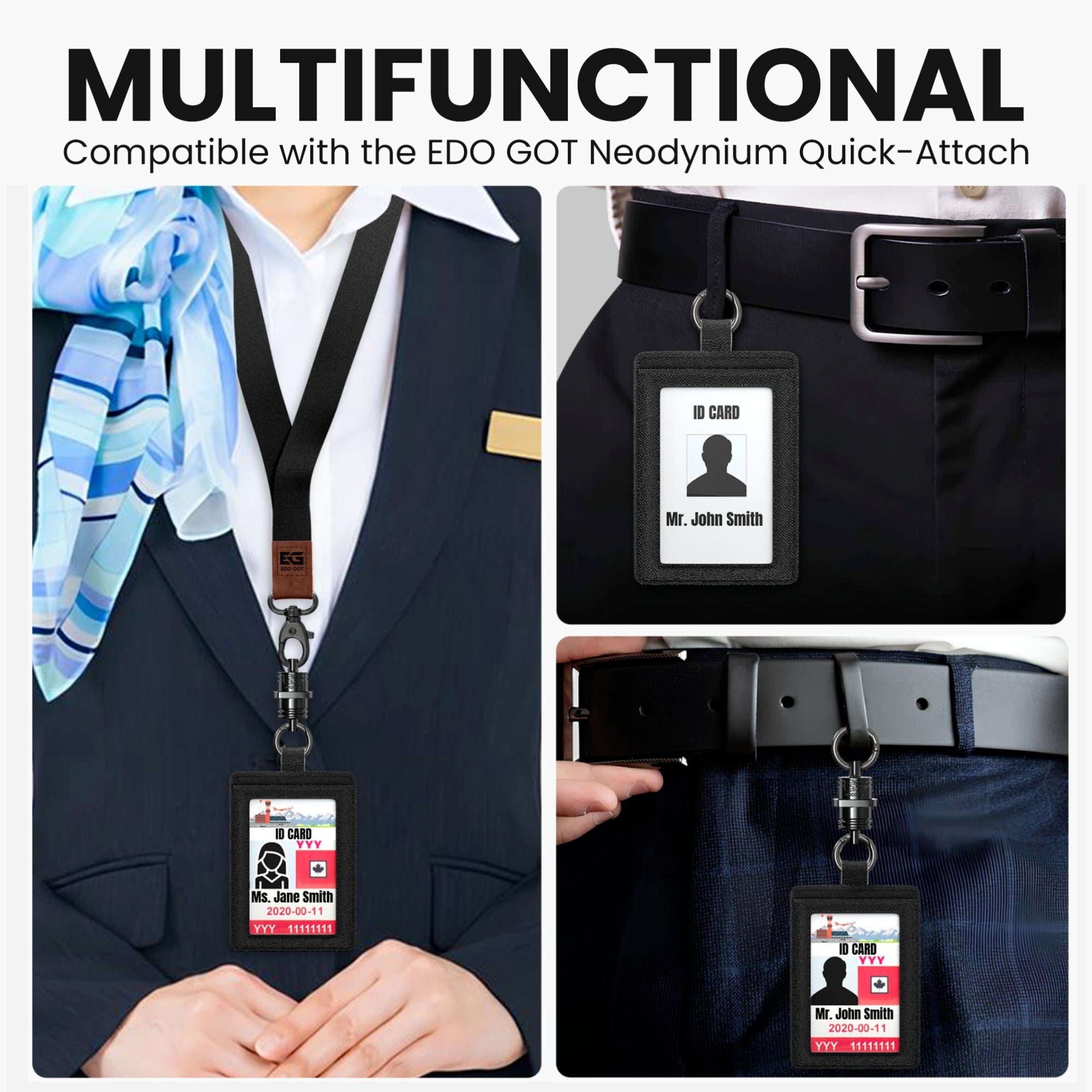 Neodymium Quick-Attach Genuine Leather ID Badge Holder with Carabiner