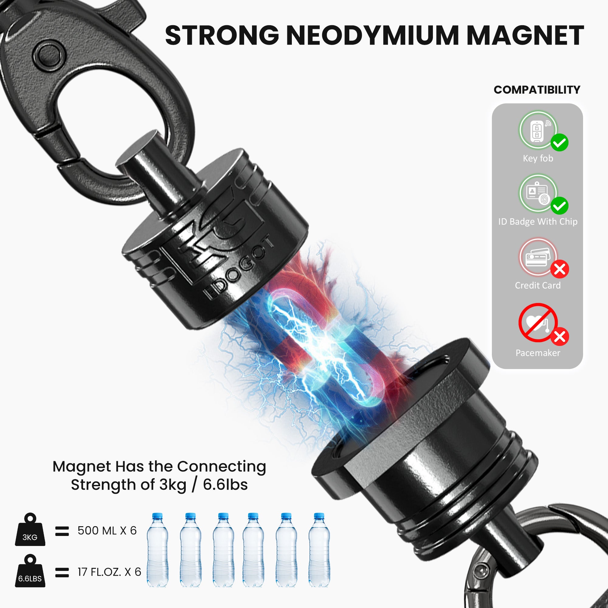 Neodymium Quick-Attach Genuine Leather Lanyard and Carabiner for Keys