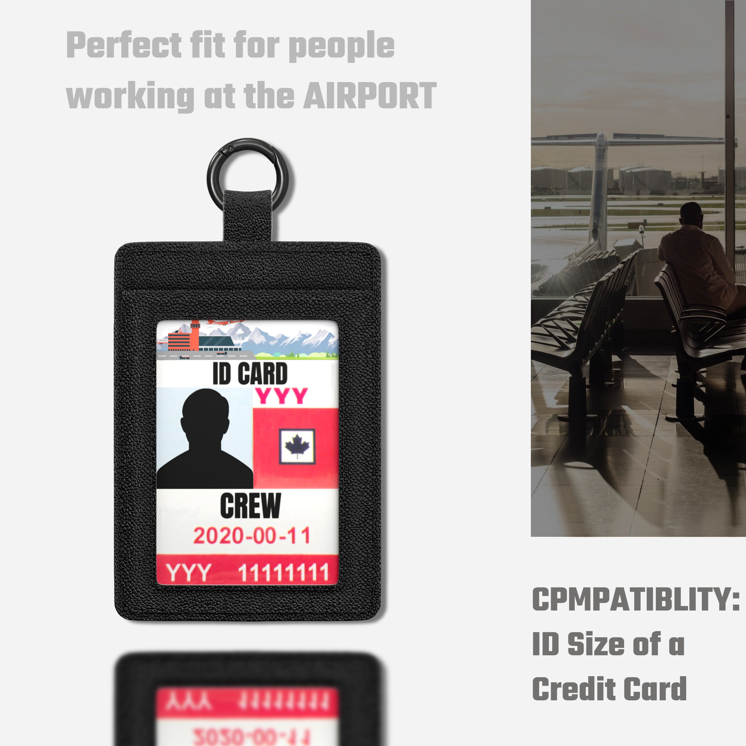 EDO GOT Black Genuine Leather ID Badge Holder with Spring Ring & Elastic Back pouch