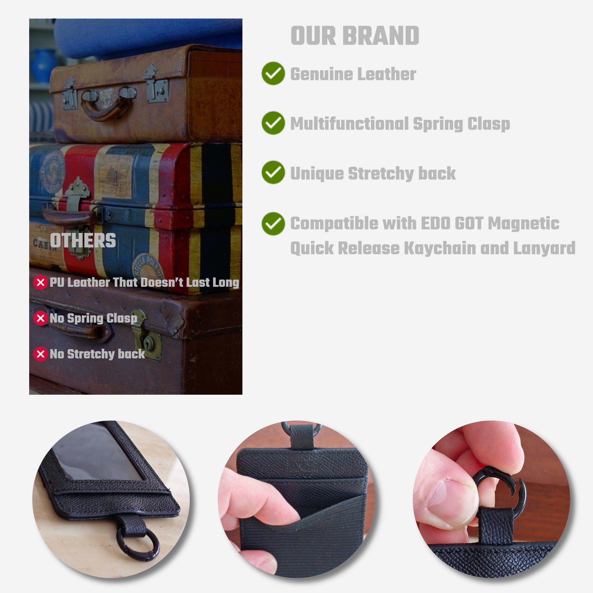 EDO GOT Black Genuine Leather ID Badge Holder with Spring Ring & Elastic Back pouch