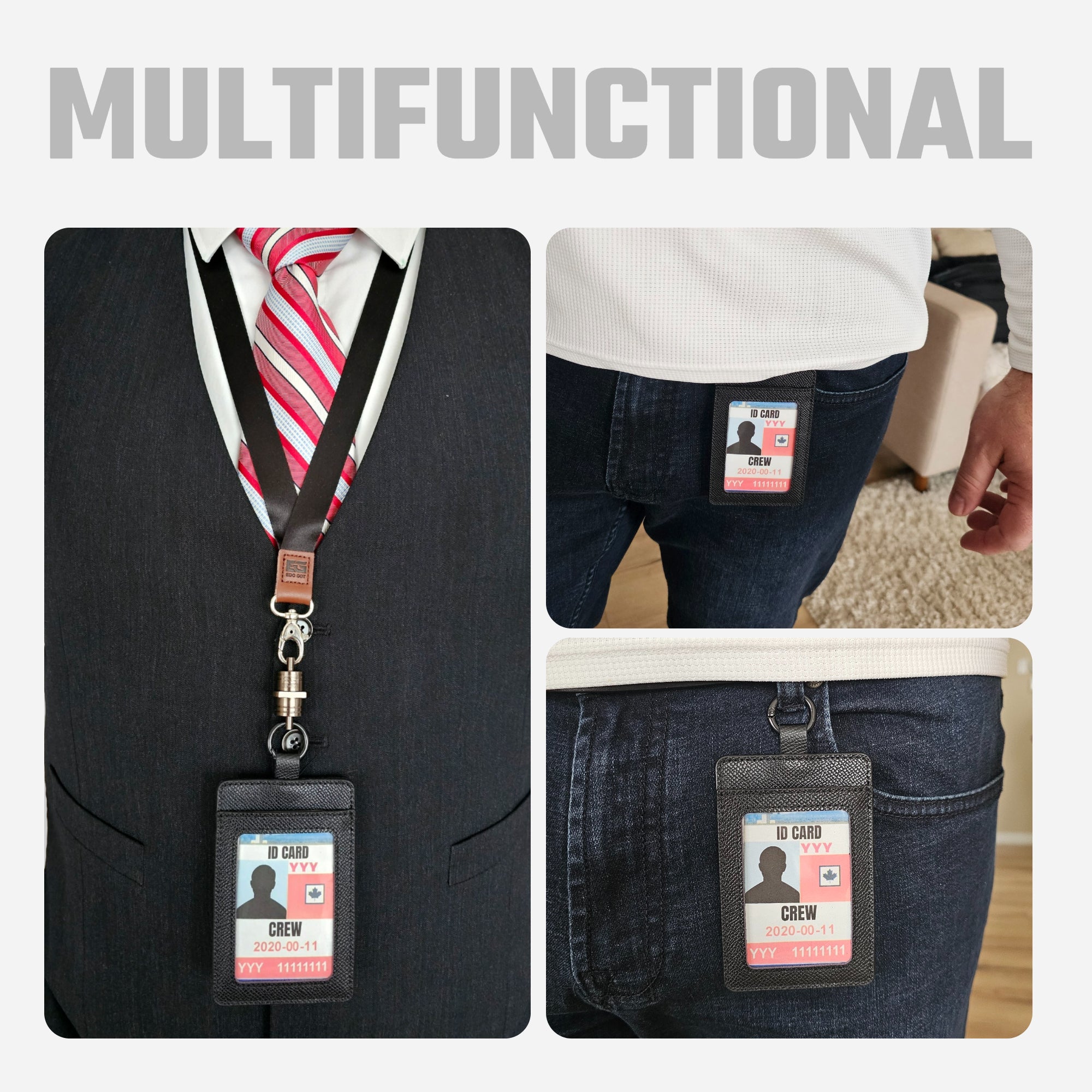 EDO GOT Black Genuine Leather ID Badge Holder with Spring Ring & Elastic Back pouch