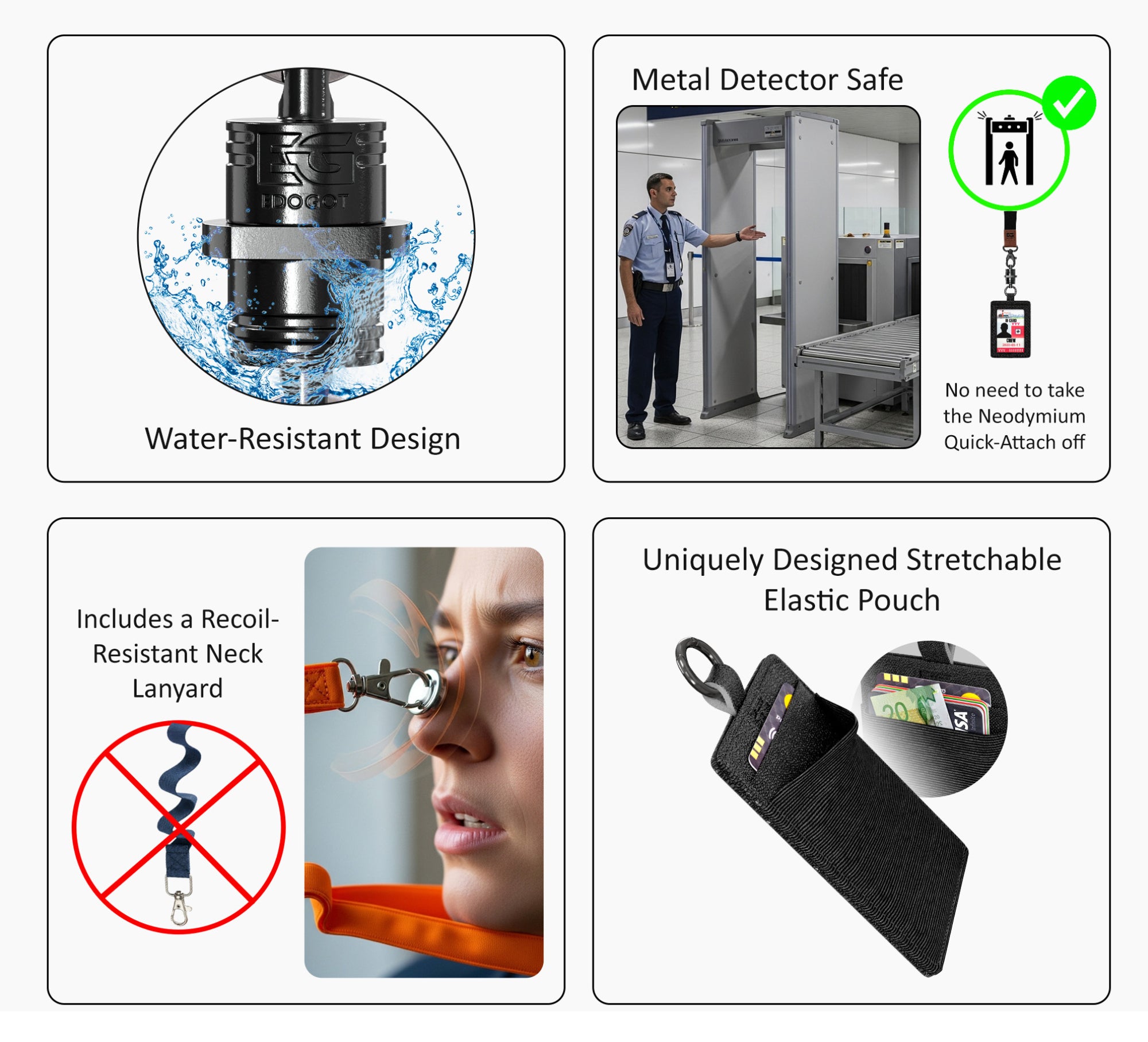 Neodymium Quick-Attach Genuine Leather ID Badge Holder with Lanyard and Carabiner