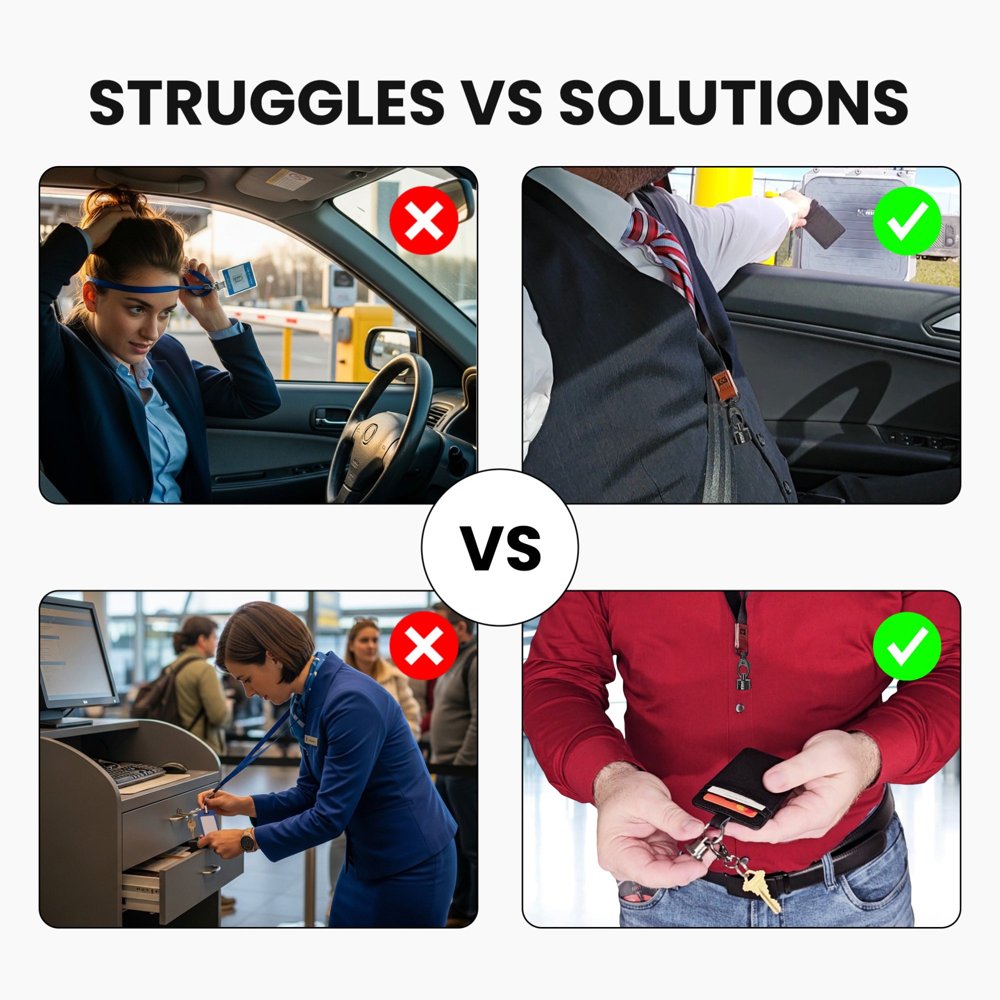 Neodymium Quick-Attach Genuine Leather ID Badge Holder with Lanyard and Carabiner